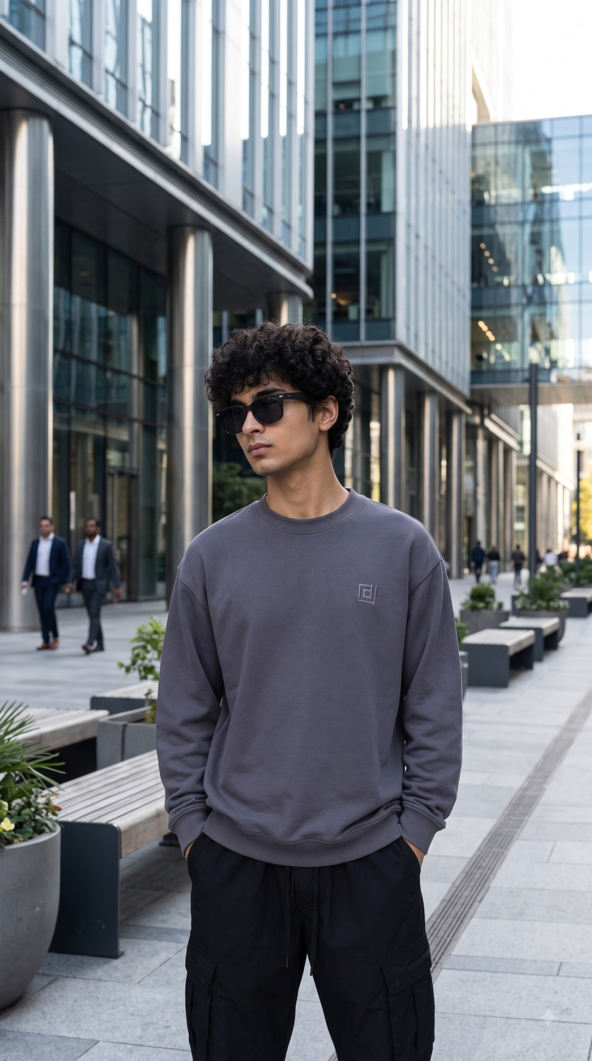 DRIFFTED RegularFit Unisex Sweatshirt, Solid Embroidered Sweatshirt Charcoal Grey