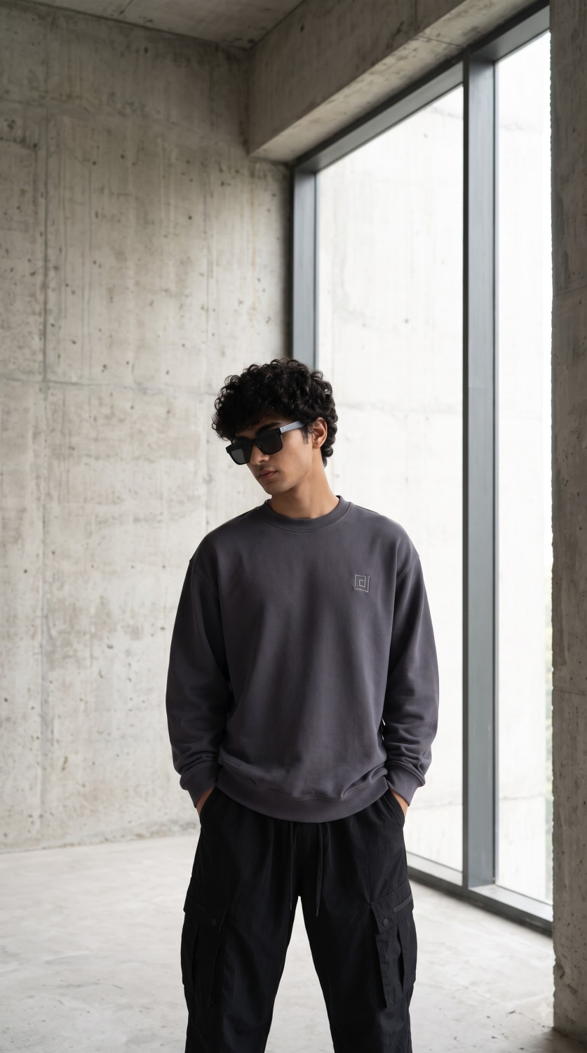 DRIFFTED RegularFit Unisex Sweatshirt, Solid Embroidered Sweatshirt Charcoal Grey
