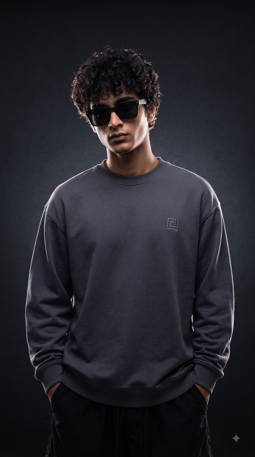 DRIFFTED RegularFit Unisex Sweatshirt, Solid Embroidered Sweatshirt Charcoal Grey