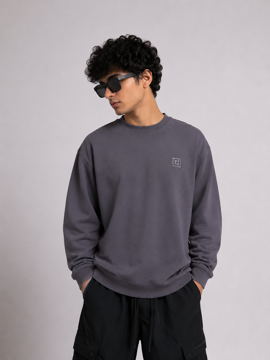DRIFFTED RegularFit Unisex Sweatshirt, Solid Embroidered Sweatshirt Charcoal Grey