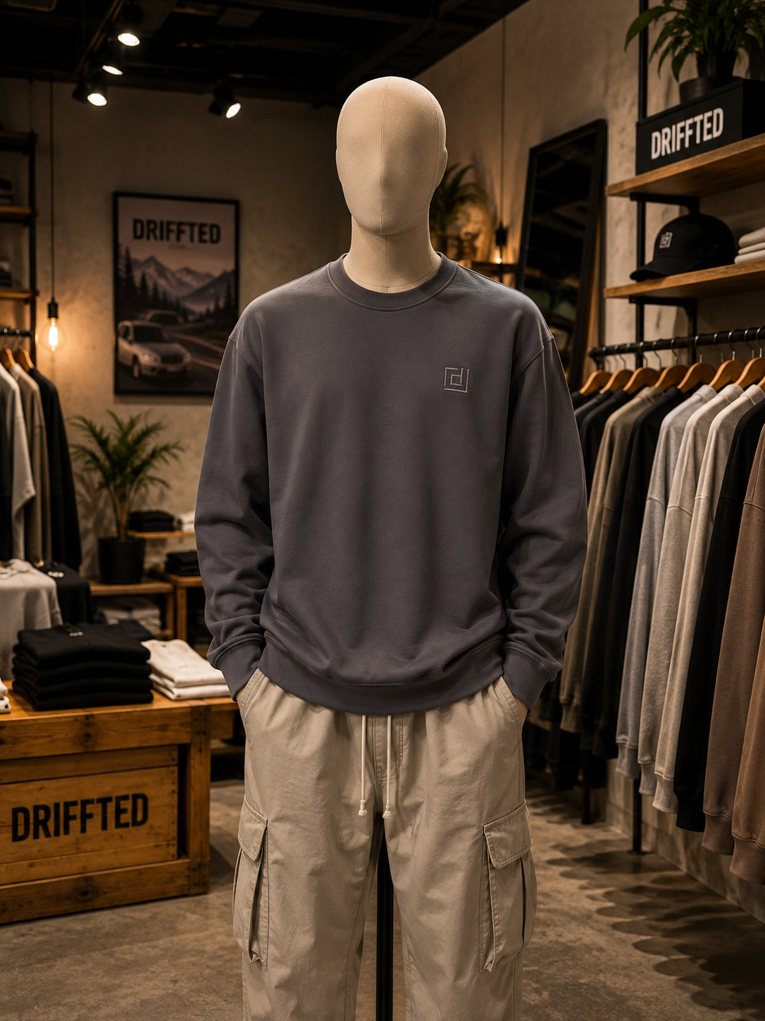 DRIFFTED RegularFit Unisex Sweatshirt, Solid Embroidered Sweatshirt Charcoal Grey